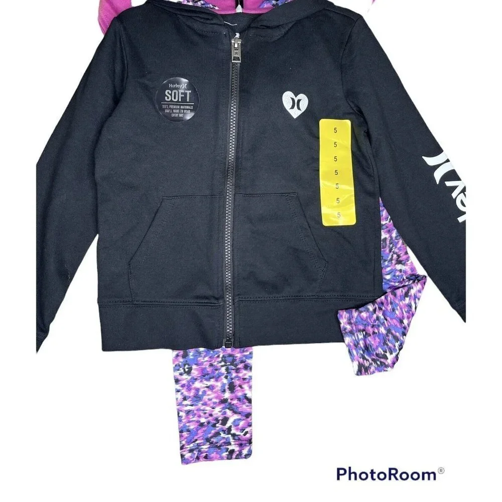 Hurley Girls Size 5 Kids' 3-piece Set  BLACK Active set Zip Hoodie, Tee, Legging